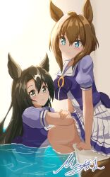  2girls absurdres animal_ears black_hair blue_eyes blush bow bowtie breasts brown_hair cheval_grand_(umamusume) closed_mouth commentary_request green_eyes hair_between_eyes highres horse_ears horse_girl horse_tail long_hair looking_at_viewer matty_(matsutomo) medium_breasts multicolored_hair multiple_girls partially_submerged pleated_skirt pool poolside puffy_short_sleeves puffy_sleeves purple_bow purple_bowtie purple_shirt sailor_collar sailor_shirt satono_crown_(umamusume) school_uniform shirt short_hair short_sleeves sitting skirt smile streaked_hair tail tracen_school_uniform umamusume water wet white_sailor_collar white_skirt 