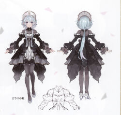 1girl absurdres ahoge black_dress blue_hair blunt_ends bonnet braid cross_tie dot_nose dress flower frills gem glass_slipper grey_gem hair_ornament highres layered_sleeves long_hair long_sleeves looking_at_viewer low-tied_sidelocks magia_record:_mahou_shoujo_madoka_magica_gaiden magical_girl mahou_shoujo_madoka_magica non-web_source official_art purple_eyes reference_sheet scan scanline_hair self-scan sena_mikoto shirt short_over_long_sleeves short_sleeves side_braids sidelocks soul_gem_(madoka_magica) tri_tails white_background white_bonnet