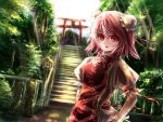  1girl bandaged_arm blouse commentary_request double_bun flower forest highres ibaraki_kasen landscape looking_at_viewer nature open_mouth pink_hair red_eyes rose scenery short_hair short_sleeves shrine solo stairs tabard thkani torii touhou 