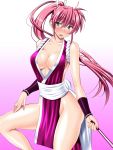  1girl alternate_color anzu_(onelelee) bare_shoulders blue_eyes breasts cleavage cosplay fatal_fury gradient gradient_background highres large_breasts long_hair lyrical_nanoha mahou_shoujo_lyrical_nanoha mahou_shoujo_lyrical_nanoha_a&#039;s pink_background pink_hair ponytail shiranui_mai shiranui_mai_(cosplay) signum solo sweatdrop very_long_hair 
