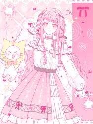  >_< 1girl animal backpack bag belt black_belt black_bow black_ribbon border bow bow_choker bowtie bra_strap brown_eyes buttons cat center_frills chinese_commentary choker cloak closed_mouth clothed_animal collarbone commentary_request cowboy_shot dot_nose ear_covers frilled_skirt frilled_sleeves frills hair_bow hair_ribbon halftone happy heart high-waist_skirt highres hood hood_up hooded_cloak infinity_nikki lace lace_border layered_skirt letterboxed light_blush long_hair long_sidelocks long_sleeves low_twintails medium_skirt miaokou_xiaoxiao_jiang momo_(nikki) nikki_(nikki) nikki_(series) off-shoulder_shirt off_shoulder open_mouth orange_bow orange_bowtie ornate_border outside_border outstretched_arm perfect_start_(infinity_nikki) pink_background pink_bow pink_bowtie pink_choker pink_hair pink_ribbon pink_skirt pink_theme pleated_skirt print_skirt procreate_(medium) puffy_long_sleeves puffy_sleeves ribbon shirt sidelocks single_stripe skirt sleeves_past_wrists smile snowflake_print snowflakes sparkle standing striped_bow striped_bowtie striped_choker striped_clothes traditional_bowtie tress_ribbon twintails v very_long_hair wavy_hair white_bag white_border white_cat white_shirt white_skirt yellow_cloak 