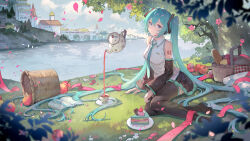  1girl absurdly_long_hair absurdres apple aqua_hair aqua_necktie baguette bare_shoulders basket black_sleeves blue_eyes book bread cake cake_slice commentary_request cup detached_sleeves falling_petals food fruit grass grey_shirt hair_between_eyes hair_ornament hatsune_miku highres long_hair looking_at_viewer necktie number_tattoo open_book outdoors petals picnic picnic_basket scenery shirt sitting skirt skyline sleeveless sleeveless_shirt solo tattoo teapot thigh-highs tree twintails user_hdxp2444 very_long_hair vocaloid yokozuwari 