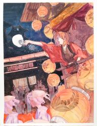  6+girls architecture border brown_hair brown_kimono commentary covered_horns dutch_angle east_asian_architecture fangs festival flute folding_fan hand_fan haori hat highres holding holding_fan horns instrument japanese_clothes kameno_kou kimono lantern looking_ahead medium_hair multiple_girls night oni open_mouth original outdoors outstretched_arm painting_(medium) paper_lantern playing_instrument red_eyes red_haori red_horns skin-covered_horns smile solo_focus tassel teeth traditional_media transverse_flute upper_teeth_only ura_(kameno_kou) watercolor_(medium) white_border wide_sleeves 
