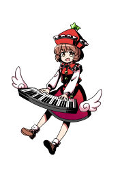  1girl absurdres breasts brown_eyes brown_hair brown_shoes commentary_request frilled_hat frills full_body hat highres instrument keyboard_(instrument) limone_illust loafers long_sleeves looking_at_viewer lyrica_prismriver open_mouth playing_instrument red_hat red_skirt red_vest shirt shoes short_hair skirt skirt_set small_breasts smile solo touhou vest white_shirt 