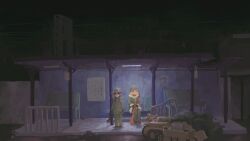  2girls black_gloves black_hair blonde_hair blue_eyes brown_shoes chito_(shoujo_shuumatsu_ryokou) coat gloves green_coat green_pants gun helm helmet highres holding holding_gun holding_weapon multiple_girls night norwegianiron:p outdoors pants railing rain shoes shoujo_shuumatsu_ryokou sidelocks translation_request weapon wide_shot yuuri_(shoujo_shuumatsu_ryokou) 