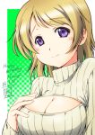  1girl blush breasts brown_hair character_name cleavage cleavage_cutout dated green_background happy_birthday koizumi_hanayo looking_at_viewer love_live!_school_idol_project open-chest_sweater ranshin ribbed_sweater short_hair smile solo sweater turtleneck turtleneck_sweater violet_eyes 