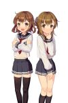  &gt;:d 2girls :d black_legwear black_skirt blouse blush brown_eyes brown_hair cnm crossed_arms fang folded_ponytail hair_ornament hairclip ikazuchi_(kantai_collection) inazuma_(kantai_collection) kantai_collection kneehighs komaki_manaka long_sleeves looking_at_viewer midriff multiple_girls neckerchief open_mouth pleated_skirt sailor_collar school_uniform serafuku short_hair simple_background skirt smile thigh-highs white_background 