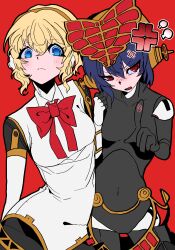  2girls absurdres aigis_(persona) android anger_vein black_hair black_leotard blonde_hair blue_eyes bow breasts commentary headphones highres joints large_bow leotard light_blush medium_breasts medium_hair metis_(persona) multiple_girls persona persona_3 persona_3_the_answer red_background red_bow robot_girl robot_joints siblings simple_background sisters spiral_fingerprint untranslatable_commentary waka_o3o white_leotard 