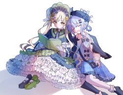 2girls asymmetrical_footwear asymmetrical_legwear bird_hat_ornament black_bow black_bowtie black_capelet black_flower black_hat black_pantyhose black_rose black_shoes blonde_hair blue_hair blue_necktie blue_skirt bonnet book bow bow_flower bowtie braid braided_hair_rings capelet closed_eyes closed_mouth collared_shirt commentary_request deerstalker dress flower flower-trimmed_dress flower-trimmed_skirt footwear_bow frilled_capelet frilled_dress frilled_skirt frilled_sleeves frilled_socks frills green_bonnet green_eyes green_shoes grey_vest hair_bow hair_flower hair_ornament hair_rings hashikure hat hat_bow highres holding holding_book layered_dress layered_skirt lolita_fashion long_hair long_sleeves mahou_shoujo_no_majo_saiban mismatched_footwear multiple_girls necktie open_book pantyhose plaid_clothes plaid_skirt rose shirt shoes short_hair simple_background single_leg_pantyhose sitting skirt socks tachibana_sherry tono_hanna twintails two-tone_dress vest white_background white_bow white_flower white_rose white_shirt white_socks wide_sleeves winged_hat yellow_flower yellow_rose yuri 