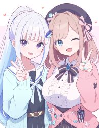  2girls belt beret black_bow black_bowtie black_hat black_serafuku black_skirt blue_cardigan blue_gem blue_hair blue_ribbon blush bow bowtie braid breasts brown_belt brown_hair cardigan center_frills club_(shape) collarbone collared_shirt commentary_request diagonal-striped_bow diamond_(shape) eyelashes fingernails frilled_shirt frills gem gmkz_kawaii gradient_hair green_bow green_eyes green_nails hair_intakes hair_ornament hairclip hat hat_bow hat_pin heart heart_pin high-waist_skirt high_ponytail highres huge_breasts lize_helesta lize_helesta_(school_uniform) long_hair long_sleeves looking_at_viewer medium_hair multicolored_hair multiple_girls nail_polish nijisanji one_eye_closed open_mouth pink_bow pink_bowtie pink_cardigan pink_eyes ponytail rabbit_ornament ribbon sailor_collar school_uniform serafuku shirt skirt sleeves_past_wrists smile spade_(shape) streaked_hair striped_bow striped_bowtie striped_clothes striped_skirt suzuhara_lulu suzuhara_lulu_(1st_costume) two-tone_background two-tone_bow two-tone_bowtie two-tone_hair v vertical-striped_clothes vertical-striped_skirt virtual_youtuber white_background white_bow white_hair white_sailor_collar white_shirt 