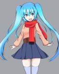  1girl blue_eyes blue_hair blue_skirt grey_background hatsune_miku long_hair open_mouth red_scarf scarf simple_background skirt solo t_shatsu thigh-highs twintails vocaloid zettai_ryouiki 