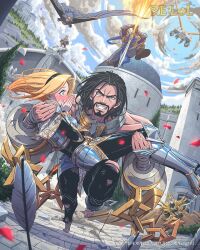  armor armored_boots beard bird black_hair blonde_hair blue_eyes blue_sky blush boots breastplate carrying chain clouds facial_hair galio_(league) garen_(league) hairband hand_to_own_mouth helmet highres holding holding_sword holding_weapon iohc_choi jarvan_iv_(league) league_of_legends lux_(league) multiple_boys muscular muscular_male pants princess_carry quinn_(league) scar scar_across_eyebrow scar_on_face sky smile sword sylas_(league) torn_clothes torn_pants tree weapon 