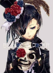  1boy bishounen black_gloves black_hair ciel_phantomhive commentary_request copyright_name earrings eyelashes eyepatch flower frilled_shirt_collar frills fujikiri_yana gloves hat hat_feather hat_flower holding holding_skull jacket jewelry kuroshitsuji long_sleeves male_focus ouji_fashion parted_lips short_hair skull solo top_hat upper_body 
