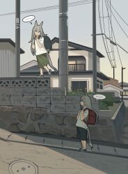  ... 2girls absurdres animal_ears ashinowoto bag blue_eyes blue_shorts green_shorts grey_hair grey_tail hair_between_eyes highres horse_ears horse_girl horse_tail house long_hair multiple_girls oguri_cap_(umamusume) outdoors power_lines shirt shoes short_sleeves shorts spoken_ellipsis tail tamamo_cross_(umamusume) umamusume utility_pole white_shirt 