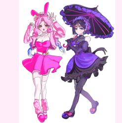  2girls alien_stage alternate_costume animal_ears black_dress black_gloves black_pantyhose blue_hair bob_cut braid cameo commentary_request dress earrings elbow_gloves frilled_dress frilled_hairband frills gloves hairband highres holding holding_umbrella jacket jewelry korean_commentary kuromi leg_warmers lolita_hairband mizi_(alien_stage) multicolored_hair multiple_girls my_melody my_melody_(series) nyelm396685 pantyhose parasol pink_dress pink_jacket pink_leg_warmers pink_shoes purple_dress purple_hairband purple_shoes rabbit_ears sanrio shoes short_hair sleeveless sleeveless_dress sphere_earrings sua_(alien_stage) thigh-highs twin_braids two-tone_hair umbrella violet_eyes white_thighhighs yellow_eyes 