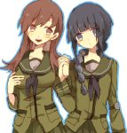  2girls black_eyes black_hair braid brown_eyes brown_hair holding_hand kantai_collection kitakami_(kantai_collection) long_hair mino_shoufou multiple_girls ooi_(kantai_collection) smile 