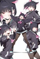 1girl ai-generated animal_ears black_choker black_hair blue_archive choker colored_inner_hair commentary_request hair_ornament halo highres hood hood_down hooded_jacket jacket kazusa_(blue_archive) long_sleeves looking_at_viewer multicolored_hair multiple_views neckerchief one_eye_closed open_mouth pantyhose pink_hair pink_neckerchief pleated_skirt puripuriaiai shoes short_hair skirt smile standing two-tone_hair v weapon 
