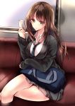  1girl amane_ruri bag breasts brown_hair cellphone green_eyes idolmaster idolmaster_cinderella_girls necktie phone school_uniform shibuya_rin sitting sweater_vest 