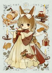  1girl animal_ears bright_pupils brown_eyes brown_hair candle candy candy_cane christmas commentary english_commentary english_text fake_halo food gift halo highres holly licking_lips long_hair merry_christmas original rabbit rabbit_ears rabbit_girl rabbit_tail sakutake_(ue3sayu) simple_background solo tail tongue tongue_out white_pupils wings 