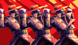  3boys belt brown_coat brown_hat brown_pants buttons capcom clone coat commentary english_commentary flexing from_side gloves glowing glowing_eye hat ibdinosaur mask metal_mask multiple_boys necktie pants pose_imitation q_(street_fighter) red_background red_necktie street_fighter street_fighter_iii_(series) trench_coat white_gloves yellow_eyes 