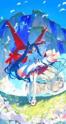 1girl absurdly_long_hair absurdres arm_up bare_shoulders blue_eyes blue_hair blue_sky blurry boots closed_mouth day depth_of_field dress e_l_d_i_n floating_hair flower frills full_body grass hatsune_miku highres latias long_hair long_sleeves looking_at_viewer mugen_no_ticket_(vocaloid) multicolored_dress outdoors petals pokemon pokemon_(creature) project_voltage red_dress red_nails sky standing thigh-highs translation_request twintails very_long_hair vocaloid water waterfall white_boots white_dress white_flower wide_sleeves yellow_eyes 