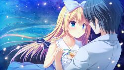  1boy 1girl black_hair blonde_hair blue_bow blue_eyes blue_skirt bow bow_hairband center_frills closed_mouth collarbone cupping_hand da_capo da_capo_iv dress_shirt face-to-face faceless faceless_male falling_petals floating_hair frilled_bow frills game_asset green_ribbon hair_between_eyes hair_bow hairband high-waist_skirt highres jacket key_hair_ornament leaning_back leaning_forward long_hair looking_at_another neck_ribbon night non-web_source outdoors petals ribbon river sagisawa_arisa self-datamine shirt short_hair skirt sleeveless sleeveless_shirt standing tanihara_natsuki tokisaka_ichito white_hairband white_jacket white_shirt 