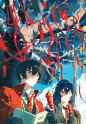  2boys aqua_eyes black_eyes black_gloves black_hair black_vest blue_sky book branch chewing closed_mouth coat collared_shirt commentary_request eating food gloves heterochromia high_ponytail highres holding holding_book holding_food hong_lu_(project_moon) hzcppks limbus_company liu_association_south_(identity)_(project_moon) liu_association_south_uniform long_hair male_focus multiple_boys necktie open_book parted_lips ponytail popped_collar project_moon red_coat red_necktie shirt sky tanghulu tree upper_body very_long_hair vest white_shirt yi_sang_(project_moon) 