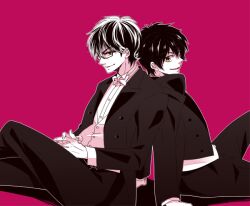  2boys arm_support back-to-back bow bowtie brown_eyes closed_mouth commentary_request daiya_no_ace formal_clothes glasses jacket male_focus miyuki_kazuya multiple_boys pink_background rectangular_eyewear sawamura_eijun short_hair simple_background sitting suit_jacket suit_pants suma_(jen-ga) traditional_bowtie wingtip_collar 