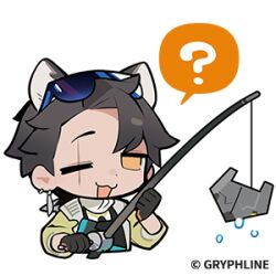  1boy ? alesh_(arknights) animal_ears arknights arknights:_endfield black_gloves black_hair chibi chibi_only endministrator_(arknights) eyewear_on_head fishing_rod gloves holding holding_fishing_rod jacket long_sleeves lowres male_focus mask official_art one_eye_closed open_clothes open_jacket pants partially_blind ponytail raccoon_boy raccoon_ears scar scar_across_eye scar_on_face shirt solo spoken_question_mark sunglasses turtleneck white_shirt yellow_jacket 