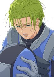 1boy commentary_request gloves green_eyes green_hair grey_gloves gundam gundam_seed helmet highres holding kamuraaa_615 looking_down male_focus mecha_pilot_suit open_mouth science_fiction short_hair solo sweat unworn_headwear unworn_helmet upper_body white_background 