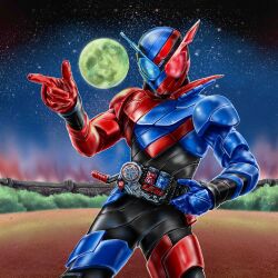  1boy armor armored_bodysuit black_bodysuit blue_armor blue_eyes bodysuit build_driver commentary_request compound_eyes cowboy_shot finger_gun full_body fullbottle helmet heterochromia highres kabegoe3kaisen kamen_rider kamen_rider_build kamen_rider_build_(rabbittank_form) kamen_rider_build_(series) multicolored_armor night outdoors rabbit_fullbottle red_armor red_eyes rider_belt solo tank_fullbottle tokusatsu 