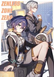  1boy 1girl bangboo_(zenless_zone_zero) belle_(zenless_zone_zero) black_shirt black_thighhighs blue_hair blue_jacket brother_and_sister closed_mouth commentary_request copyright_name crossed_bangs earrings eous_(zenless_zone_zero) green_eyes grey_hair hair_between_eyes hana_(nemukunai87) highres jacket jewelry looking_at_viewer shirt short_hair siblings single_thighhigh sitting smile sparkle television thigh-highs wise_(zenless_zone_zero) zenless_zone_zero 