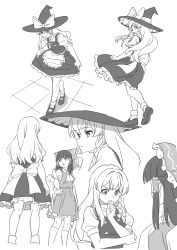  2girls apron ascot back_bow bow braid closed_mouth curtsey detached_sleeves frilled_bow frilled_hair_tubes frilled_skirt frills greyscale gyouza_(mhea5724) hair_bow hair_tubes hakurei_reimu hat hat_bow highres holding_own_skirt kirisame_marisa kneehighs long_hair mary_janes missing_headwear monochrome multiple_girls open_mouth ribbon-trimmed_sleeves ribbon_trim shoes side_braid single_braid skirt smile socks thinking touhou vest waist_apron witch_hat 