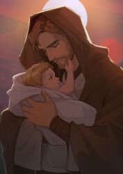  2boys absurdres aged_down baby beard blonde_hair blue_eyes brown_hair brown_hood brown_robe carrying carrying_baby carrying_person ekikeki facial_hair highres hooded_robe luke_skywalker multiple_boys obi-wan_kenobi robe short_hair star_wars star_wars:_revenge_of_the_sith sun 