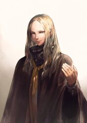  1boy androgynous black_cape blonde_hair cape check_copyright collared_cape commentary_request copyright_request gradient_background grey_background hand_up highres jun_(navigavi) lips long_hair long_sleeves looking_at_viewer male_focus neckerchief nose original parted_lips red_neckerchief smile solo upper_body white_background yellow_eyes 