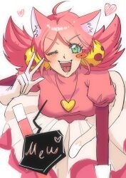  1girl :p ;p absurdres ahoge animal_ear_fluff animal_ears bell blush blush_stickers bow breasts cat_ears cat_girl cat_tail colored_speech_bubble commentary cowboy_shot deltarune dress fangs gloves green_eyes hair_bell hair_ornament hand_on_own_knee heart highres holding holding_staff homeghost layered_skirt leaning_forward looking_at_viewer mad_mew_mew medium_breasts one_eye_closed open_mouth pink_dress pink_hair puffy_short_sleeves puffy_sleeves short_sleeves single_blush_sticker skirt solo speech_bubble spoken_heart staff tail tongue tongue_out utdr_(toby_fox) v-shaped_eyebrows w white_background white_gloves white_skirt 
