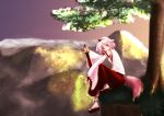  1girl animal_ears blush bridal_gauntlets clses detached_sleeves hat inubashiri_momiji looking_at_viewer mountain nature pom_pom_(clothes) red_eyes ribbon-trimmed_sleeves ribbon_trim sandals sarashi short_hair silver_hair sitting solo sword tail tokin_hat touhou tree weapon wolf_ears wolf_tail 