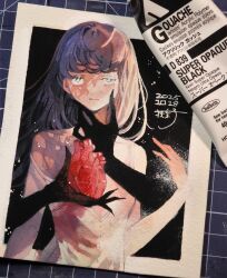  1girl 1other absurdres art_tools_in_frame blind border brown_hair closed_mouth commentary dated english_commentary fingernails gouache_(medium) hand_on_another's_cheek hand_on_another's_face hand_up heart_(organ) highres holding holding_heart_(organ) inktober komako_(km7ko) long_fingernails long_hair original outside_border paint_tube painting_(medium) photo_(medium) sharp_fingernails shirt signature silhouette traditional_media upper_body watercolor_(medium) white_border white_eyes white_shirt 