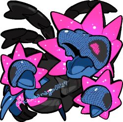  black_sclera chibi chibi_only colored_sclera commentary_request english_commentary fangs full_body iron_jugulis kawaanago lowres mixed-language_commentary multiple_heads no_humans non-humanoid_robot open_mouth pink_eyes pixel_eyes pokemon pokemon_(creature) pokemon_focus robot robot_dragon skin_fangs solo transparent_background twitter_username 