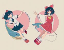  2girls absurdres ascot black_hair black_skirt bow brown_eyes brown_hair chinese_commentary collared_shirt commentary_request dated detached_sleeves fafa fish fish_request frilled_bow frilled_hair_tubes frilled_skirt frills full_body gohei hair_bow hair_tubes hakurei_reimu hat highres holding holding_gohei long_hair mary_janes multiple_girls pom_pom_(clothes) red_bow red_hat red_shoes red_skirt ribbon-trimmed_sleeves ribbon_trim shameimaru_aya shirt shoes short_hair skirt skirt_set socks tokin_hat touhou twitter_username white_shirt white_socks wings yellow_ascot 