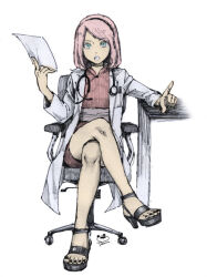  1girl black_hairband black_nails black_shoes boruto:_naruto_next_generations boruto_(series) chair commentary_request dress full_body green_eyes hairband haruno_sakura hatching_(texture) high_heels holding holding_paper lab_coat medium_hair naruto_(series) office_chair okamine_yuiko paper pink_dress pink_hair shoes short_dress signature solo stethoscope stethoscope_around_neck swivel_chair table 