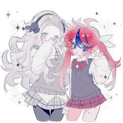  2girls ahoge alternate_costume alternate_eye_color aotsuki_eito black_flower black_hairband black_sweater_vest blue_eyes blue_hair blush bow bowtie collared_shirt commentary flat_chest flower genderswap genderswap_(mtf) glasses grey_bow grey_bowtie grey_eyes grey_hair grey_skirt grey_sweater_vest hairband hand_up height_difference highres long_hair long_sleeves miniskirt multicolored_hair multiple_girls open_mouth plaid_bow plaid_bowtie plaid_clothes plaid_skirt pleated_skirt red_bow red_bowtie red_hair red_pupils red_skirt round_eyewear school_uniform semi-rimless_eyewear shirt skirt sleeves_past_fingers sleeves_past_wrists streaked_hair sumino_takumi sweater_vest the_hundred_line_-last_defense_academy- twintails two-tone_hair untucked_shirt uu_22233 wing_collar 