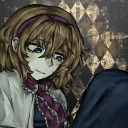  1girl alice_margatroid argyle_background blonde_hair blue_dress blue_eyes blush bright_pupils commentary dress headband highres looking_down red_headband shy solo touhou umbrie white_pupils 
