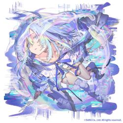  1girl abstract_background asymmetrical_legwear blue_dress blue_eyes blue_hair blue_ribbon blue_trim blunt_bangs bubble bubble_hair_ornament bubble_wand coat collarbone commentary_request copyright_notice dress foreshortening frilled_sleeves frills full_body garter_straps gem gihuta_hiroshi glitch gyakuten_othellonia hair_over_one_eye hairband holding holding_staff holding_wand hood hood_down hooded_coat iridescent_clothes iridescent_hair long_sleeves looking_at_viewer loose_thighhigh medium_hair neck_ribbon official_art open_clothes open_coat othellonia parted_lips pearl puffy_long_sleeves puffy_sleeves purple_coat ribbon see-through_clothes see-through_sleeves short_dress simple_background sleeves_past_wrists soap_bubbles solo staff thigh-highs uneven_legwear wand white_background white_garter_straps white_thighhighs 