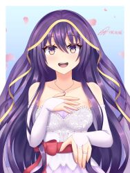  absurdres artist_name bare_shoulders blue_background border bow breasts bridal_veil collarbone commentary commission date_a_live dress elbow_gloves english_commentary fingerless_gloves fingernails gloves hachiune hair_between_eyes hand_on_own_chest highres jewelry long_hair open_mouth petals pink_petals purple_hair purple_veil red_bow red_sash ring sash signature solo teeth upper_body upper_teeth_only veil violet_eyes wedding_dress white_border white_dress white_gloves yatogami_tohka 
