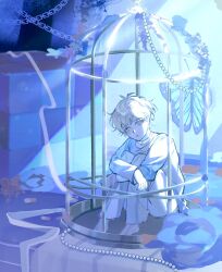  1boy alien_stage barefoot beads birdcage blonde_hair cage chain choker colored_eyelashes fancylxncy highres hugging_own_legs knees_up luka_(alien_stage) male_focus pants parted_lips pill shirt sitting solo white_choker white_pants white_shirt yellow_eyes 