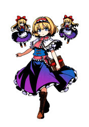  1girl absurdres alice_margatroid blonde_hair blue_dress blue_eyes book boots brown_boots capelet closed_mouth commentary_request doll dress frilled_dress frilled_hairband frills frown full_body gradient_clothes gradient_dress grimoire grimoire_of_alice hairband highres holding holding_book lace-up_boots limone_illust looking_at_viewer pink_sash puffy_short_sleeves puffy_sleeves purple_dress red_hairband sash shanghai_doll short_sleeves simple_background solo touhou waist_sash white_background white_capelet 