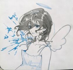  1girl absurdres alien_stage angel angel_wings artist_name black_hair blood blue_blood blue_eyes colored_blood dress hair_between_eyes hair_ribbon halo highres medium_hair official_alternate_costume ribbon sleeveless sleeveless_dress sua_(alien_stage) tteomisu upper_body wings 