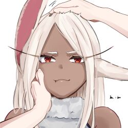  1girl 1other animal_ears artist_name bare_shoulders boku_no_hero_academia cheek_pinching commentary_request dark-skinned_female dark_skin droopy_ears floppy_ears fur_collar fur_trim hands_on_another's_face headpat highres long_eyelashes looking_at_viewer meme mirko mmsb_551 orange_eyes out_of_frame pinching pout rabbit_ears rabbit_girl red_eyes simple_background turtleneck white_background white_hair 