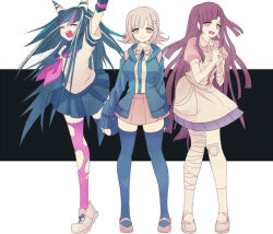  3girls apron arm_up asymmetrical_legwear bandaged_arm bandaged_leg bandages bandaid bandaid_on_knee bandaid_on_leg black_hair blue_hair blue_jacket blue_skirt blue_streaks blue_thighhighs bobpict brown_hair brown_skirt closed_eyes closed_mouth collared_shirt commentary_request danganronpa_(series) danganronpa_2:_goodbye_despair full_body hair_horns hair_ornament hood hood_down hooded_jacket jacket long_hair long_sleeves mioda_ibuki mismatched_legwear mismatched_thighhighs multicolored_hair multiple_girls nanami_chiaki neck_ribbon neckerchief open_clothes open_jacket open_mouth own_hands_together pink_eyes pink_hair pink_neckerchief pink_ribbon pink_shirt pink_shoes pink_streaks puffy_short_sleeves puffy_sleeves purple_hair ribbon school_uniform serafuku shirt shoelaces shoes short_hair short_sleeves simple_background skirt smile socks standing streaked_hair teeth thigh-highs torn_clothes torn_thighhighs tsumiki_mikan two-tone_background upper_teeth_only very_long_hair violet_eyes white_apron white_hair white_shoes white_skirt white_socks 